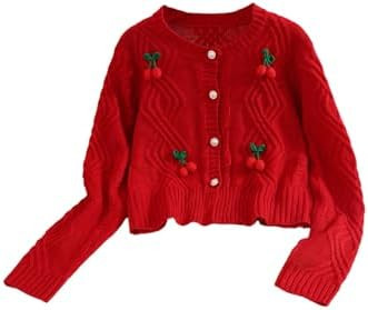 Girl's Cherry Appliques Cardigan Sweaters Button Down Crewneck Long Sleeve Knit Tops | Amazon (US)