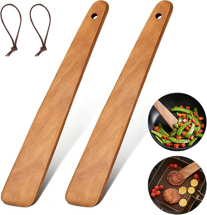 2PCS Teak Wooden Spatula for Cooking, 12 Inch Wood Spatula Turner & Egg Flipper Scraper for Cast ... | Amazon (US)