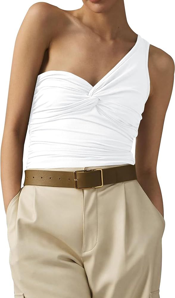 Meladyan Women’s One Shoulder Twist Knot Crop Tank Tops Ruched Sleeveless Solid Slim Fit Tank C... | Amazon (US)