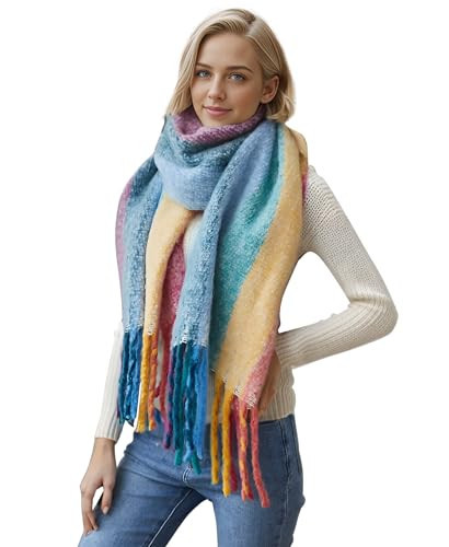 MissShorthair Chunky Colorful Scarf Oversized Blanket Scarves for Women Fluffy Big Thick Warm Shawl Winter,Rainbow Stripe | Amazon (US)