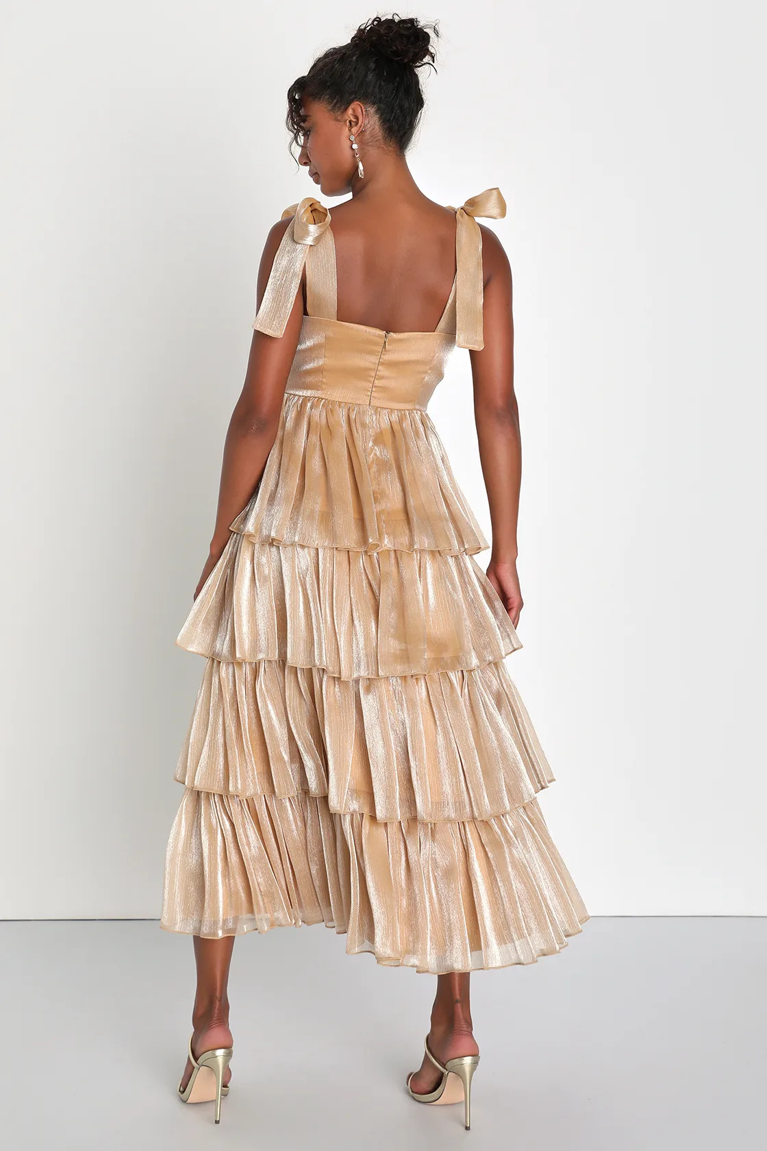 Radiant Arrival Shiny Gold Organza Tiered Tie-Strap Maxi Dress | Lulus