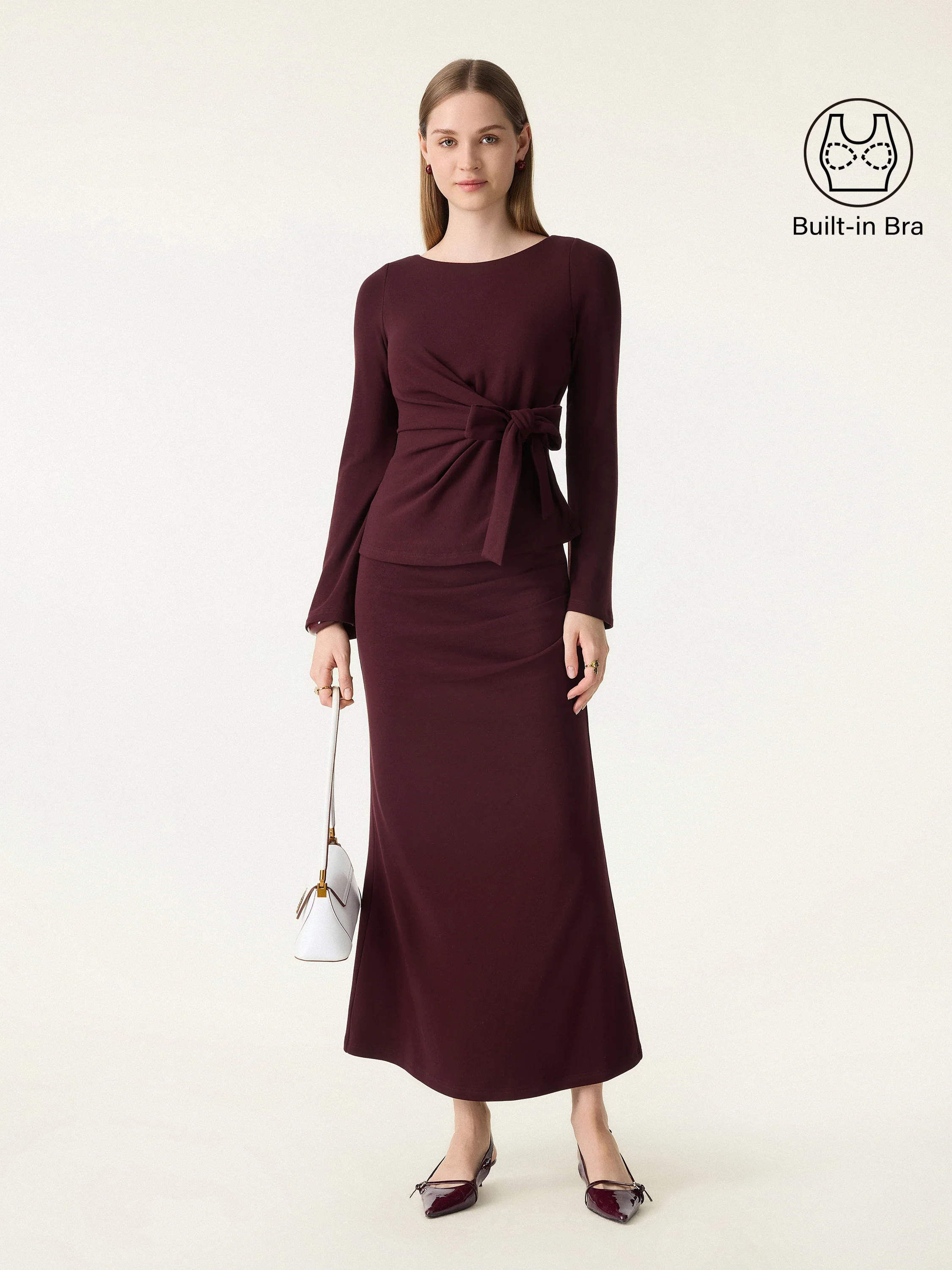 2Pcs Set Bow-Tie Belted Bell Sleeve Brami & Stretchy Tucked Flare Maxi Skirt | OGLmove