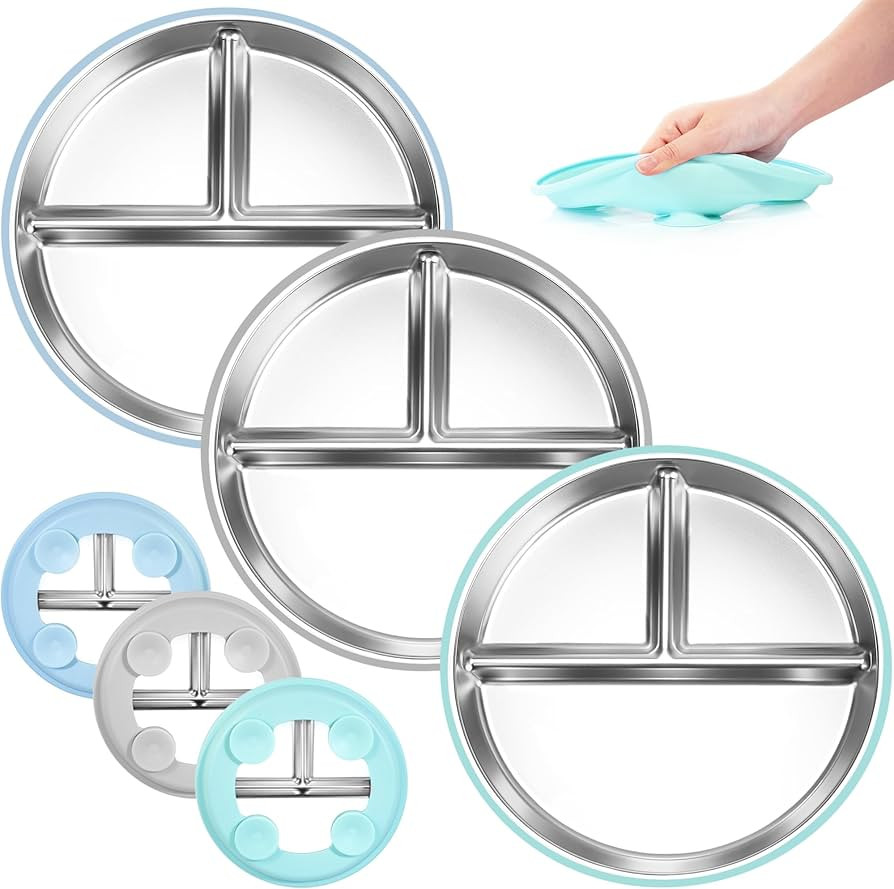 Stainless Steel Toddler Plates Silicone Suction,3 Packs Non-Slip Baby Plates,Divided Portion,Food... | Amazon (US)