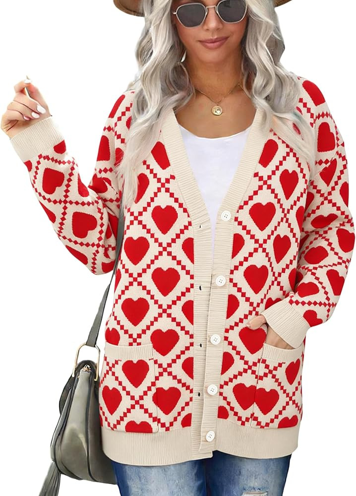 Valentine Cardigan Sweaters for Women Button Down Sweater with Pockets Heart Print Open Front Kni... | Amazon (US)