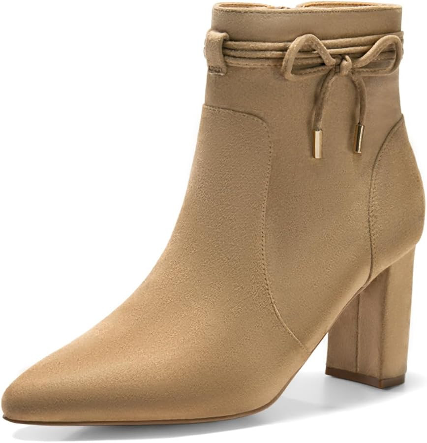 Coutgo Womens Pointed Toe Ankle Boots Chunky Block Heel Tie Knot Side Zipper Dressy Booties | Amazon (US)
