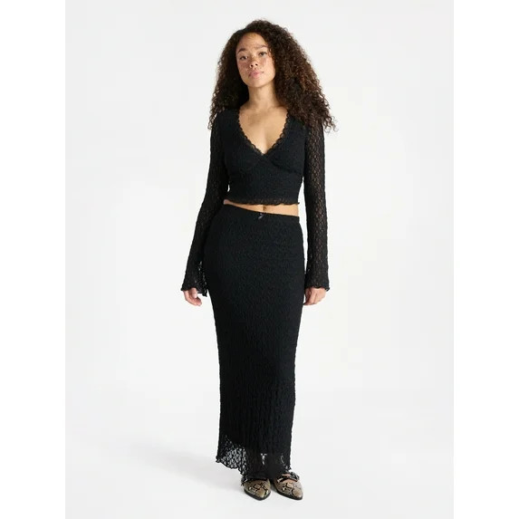 No Boundaries Lace Long Sleeve Crop Top and Midi Skirt Set, 2-Piece, Women’s | Walmart (US)