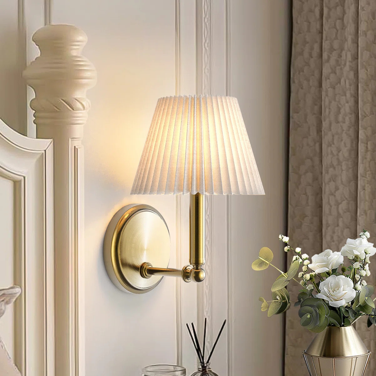 Costa 1 - Light 7''W Dimmable Iron ETL Armed Sconce With White Linen Shade | Wayfair North America