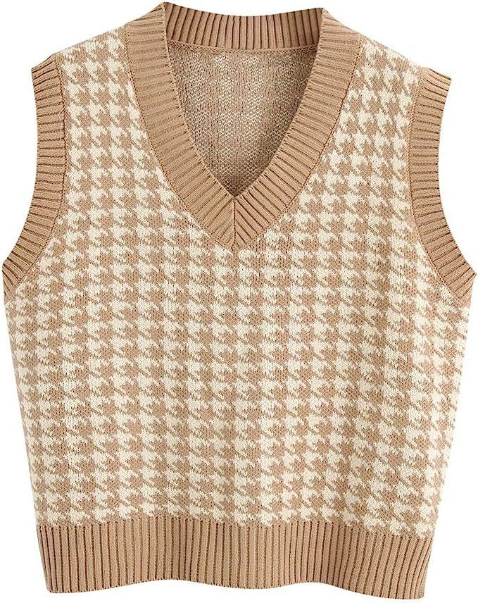 Women Houndstooth Pattern Knit Sweater Vest Sleeveless Loose V-Neck 90s Waistcoat Pullover Knitwe... | Amazon (US)