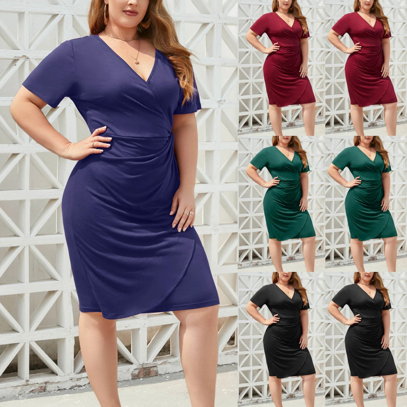 Feancey Bodycon Plus Size Dresses for Women Ruched High Waist Midi Party Dress Wrap V Short Sleev... | Walmart (US)