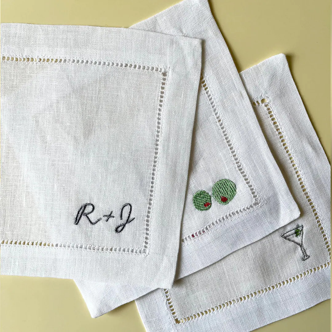 Custom Embroidered Linen Cocktail Napkin With Personalized Initials and Martini Glass - Etsy | Etsy (US)