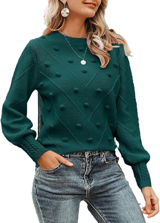 Miessial Women's Fall Crew Neck Pullover Sweater Cute Long Puff Sleeve Chunky Knit Sweater Pompom... | Amazon (US)