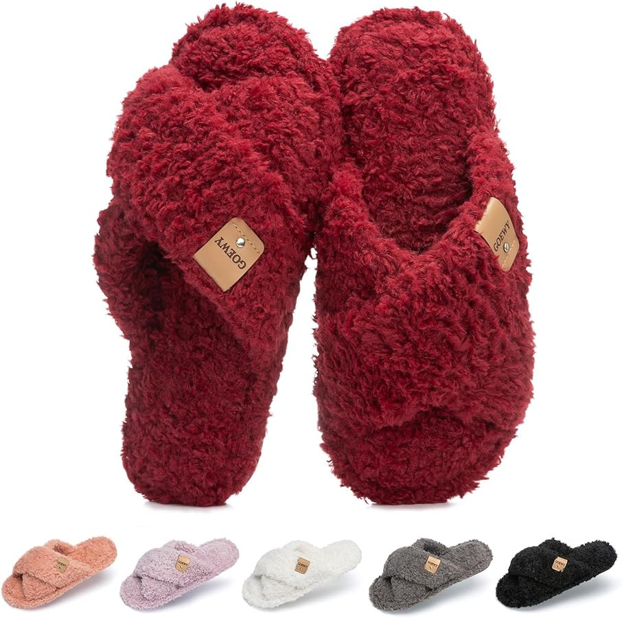 Fuzzy Open Toe Slippers for Women Indoor and Outdoor with Memory Foam Cozy Cross Band Women's Sli... | Amazon (US)