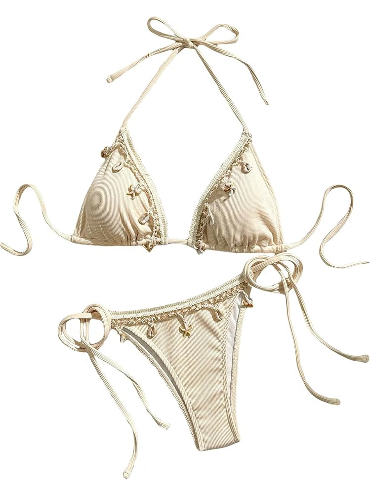 Women's Shell Decoration Boho Bathing Suit Halter High Waist Summer Swimsuit Bikinis Set | Amazon (US)