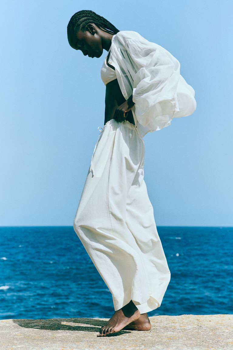 Linen-blend Pants - High waist - Ankle-length - White - Ladies | H&M US | H&M (US + CA)