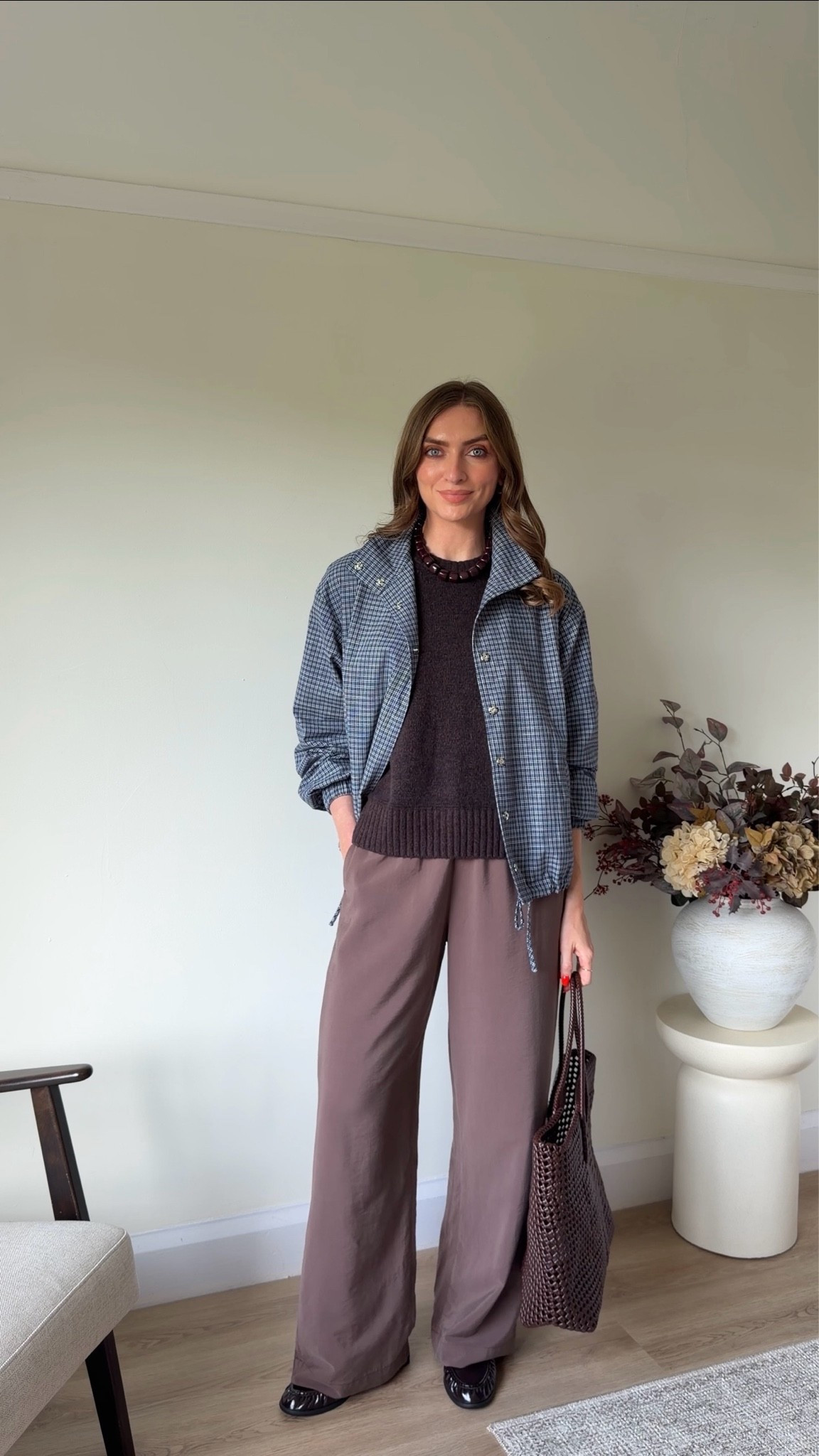 Very jacket, size 10
Small in the Abercrombie brown jumper
Small Long in the Abercrombie brown trousers - I’m 5 ft 6
M&S beaded necklace
Matalan loafers
Sanddro woven brown bag