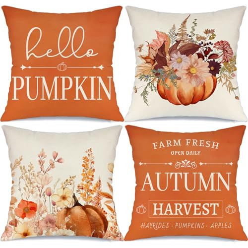 MODOVOS Fall Decor Pillow Covers 18x18 Set of 4 Thanksgiving Farmhouse Decorations Pumpkins Farm Fresh Harvest Outdoor Fall Decorative Throw Pillow Covers Autumn Cushion Case for Couch Sofa | Amazon (US)