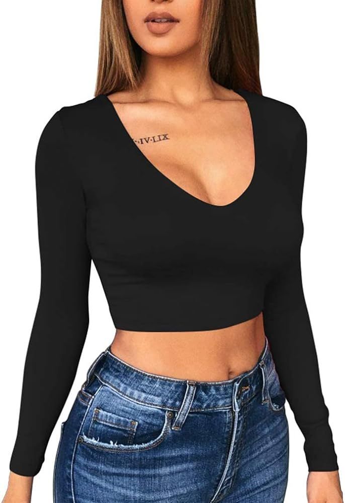 Women's Sexy Bodycon Basic Scoop Neck Long Sleeve Slim Solid Color Crop Top | Amazon (US)