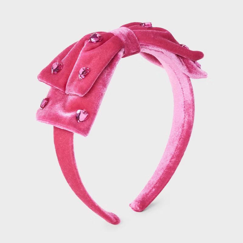 Girls' Valentine's Bow with Heart Gems Headband - Cat & Jack™ Pink | Target