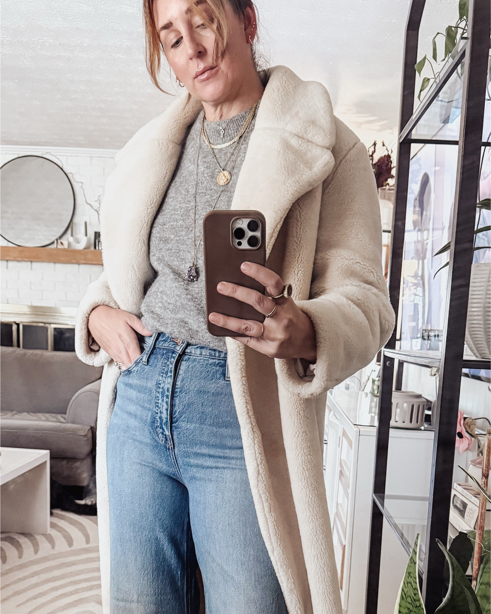 Winter outfit | Zara | shearling coat | j crew | glare jeans | jewelry #ltkmom #ltkstyle #over45 #momfit #size30 

#LTKOver40 #LTKmomlife #LTKSeasonal
