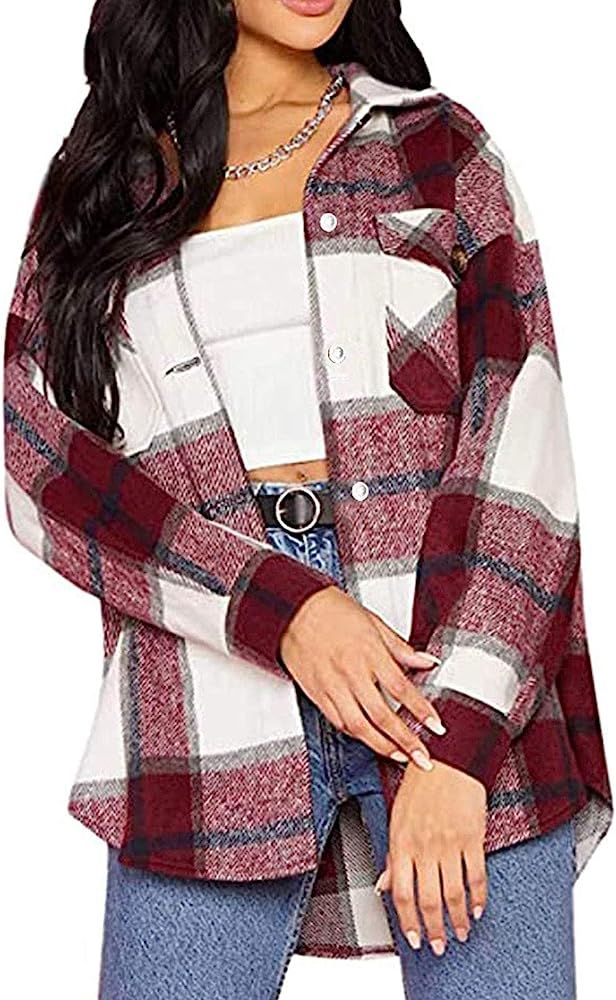 Tanming Womens Brushed Flannel Plaid Lapel Button Short Pocketed Shacket Shirts Coats | Amazon (US)