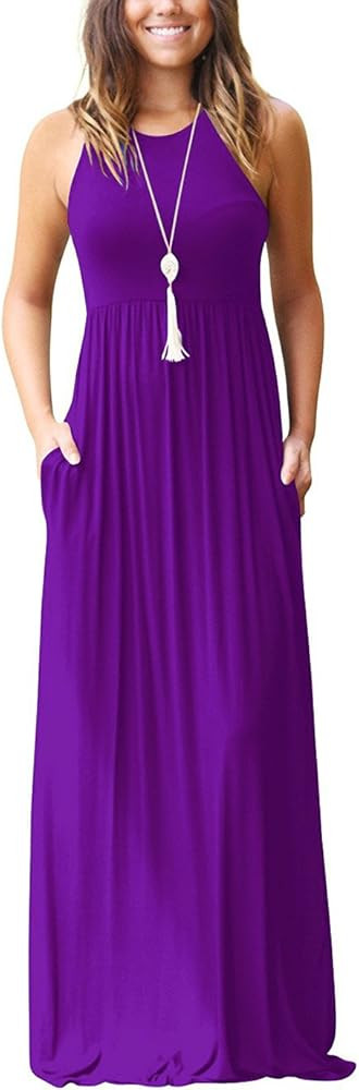 Women's Sleeveless Racerback Loose Plain Maxi Dresses Casual Long Dresses with Pockets | Amazon (US)