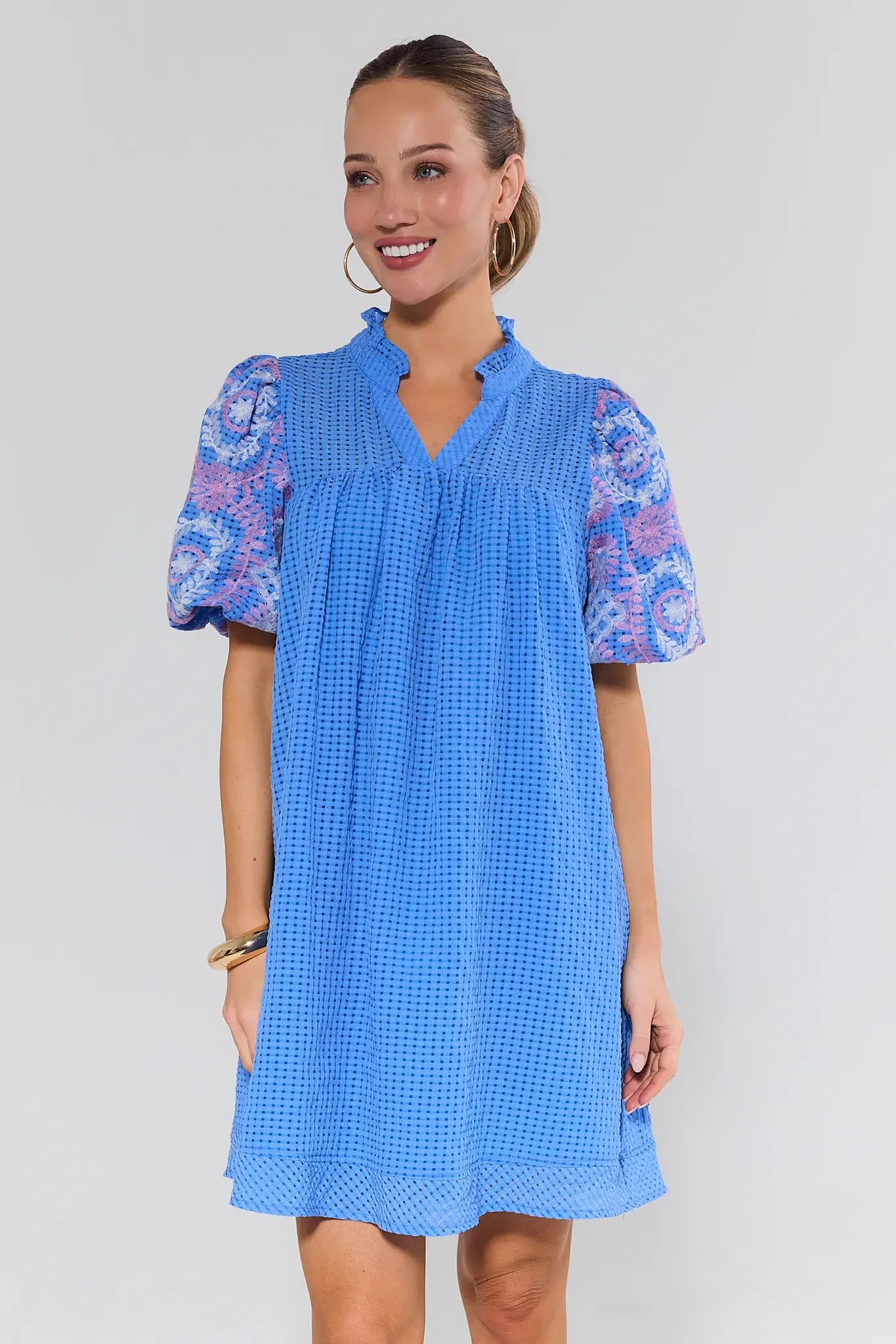 Camila Blue Embroidered Sleeve Dress | Avara