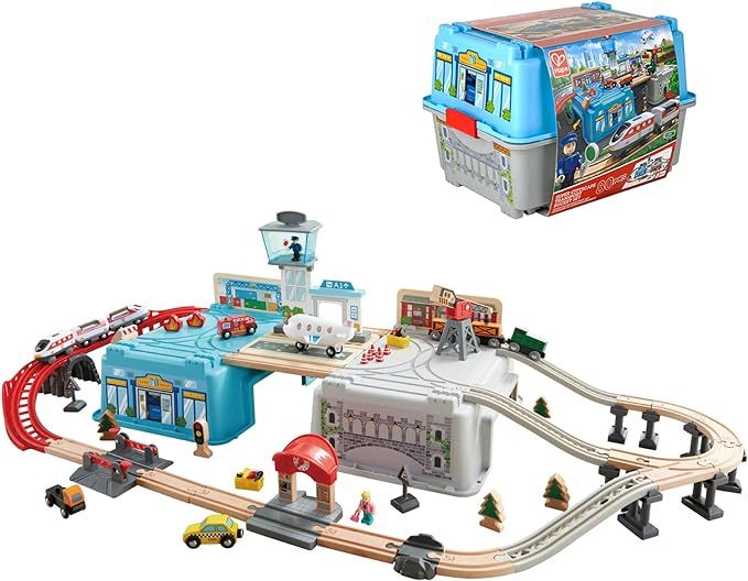 Hape Super Cityscape Transport Bucket | Wooden Toy Train Set with City Scenes, Plane, Battery-Pow... | Amazon (US)