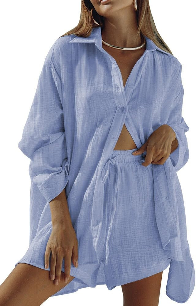 Fixmatti Women 2 Piece Outfits Long Sleeve Button Down Blouse and Shorts Sweatsuit Sets | Amazon (US)