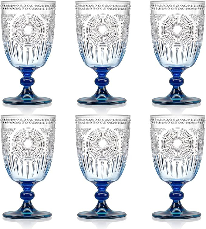 XUWAIDSGN 6Pcs Plastic Vintage Wine Glasses 13.5oz Reusable Embossed Goblet Glasses Blue Gradient... | Amazon (US)