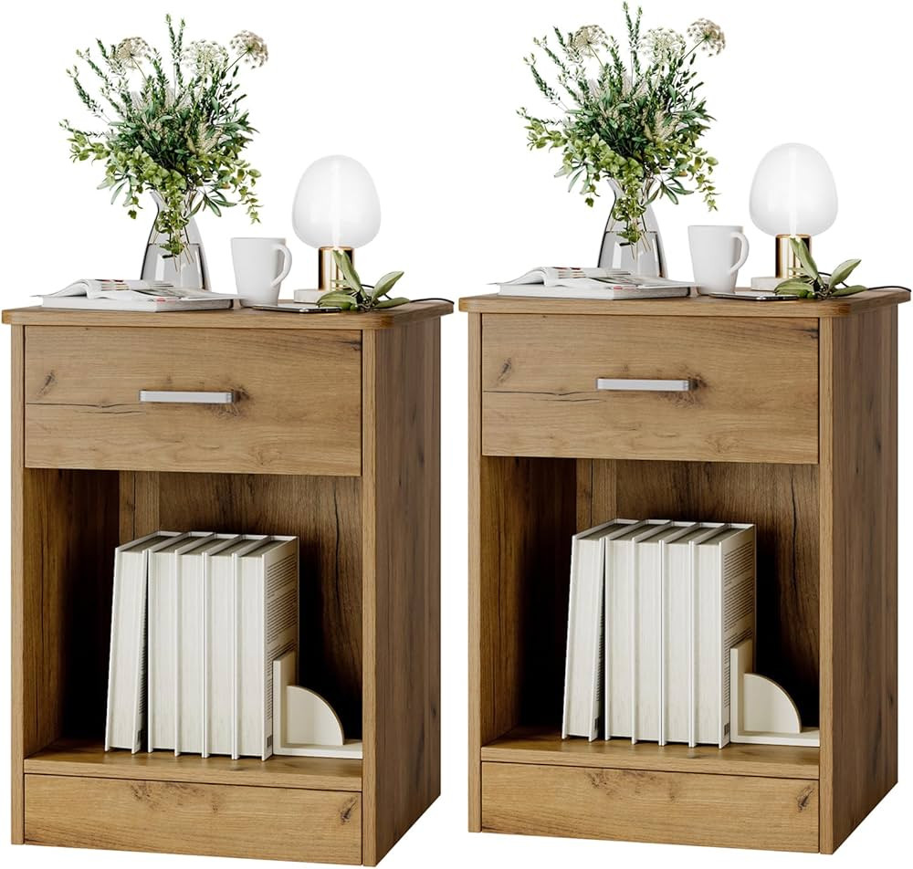 FOTOSOK Nightstand Set of 2, 2-Tier Side Table with Drawer and Storage Shelf, Bedside Table End T... | Amazon (US)