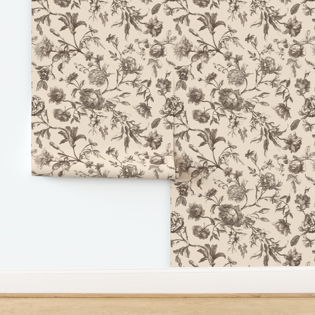 Antique Floral Toile - Brown & Cream Wallpaper | Spoonflower | Spoonflower