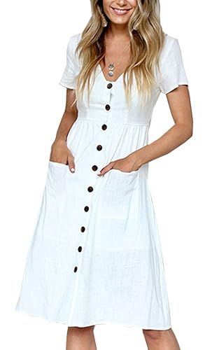 Angashion Women's Dresses-Short Sleeve V Neck Button T Shirt Midi Skater Dress with Pockets | Amazon (US)