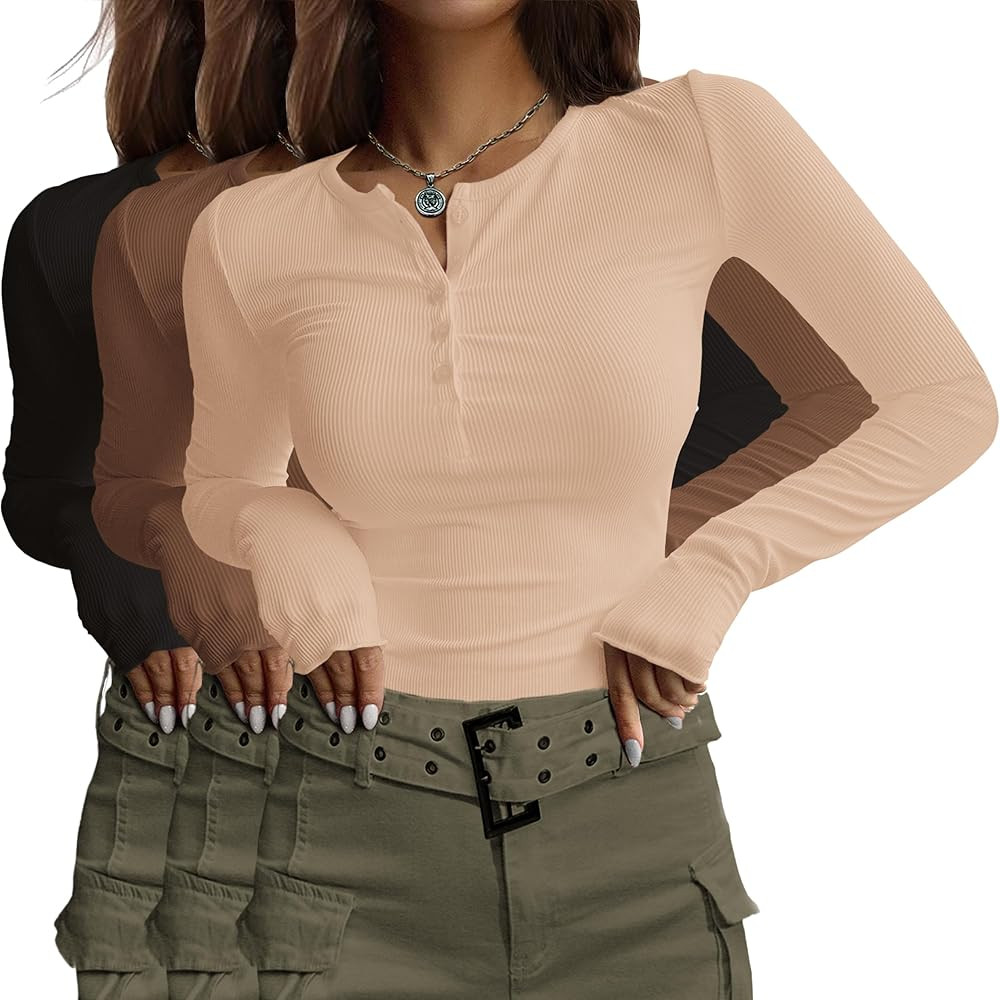 Ekouaer Women's Long Sleeve Shirts 3 Packs Henley Button Down Tops Ribbed Slim Fit Base Layer Sof... | Amazon (US)
