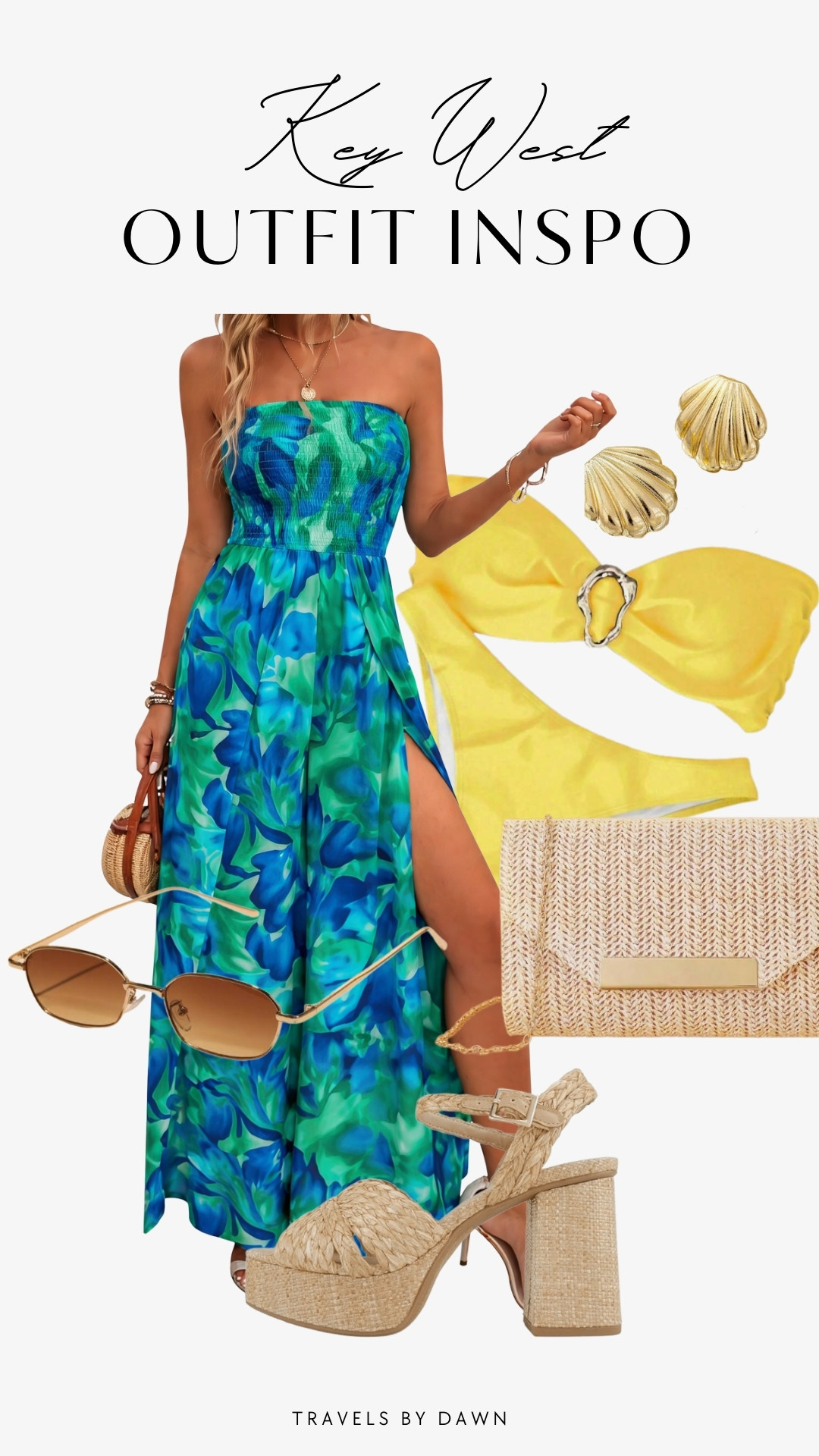 Obsessed with this Key West moment! 🌊✨

This strapless blue + green maxi is giving coastal chic in the best way. I paired it with woven platform heels, a straw clutch, gold shell earrings, and a pop of yellow for that sunshine energy. It’s the kind of outfit that works for sunset drinks, a beach dinner, or vacation photos you’ll love forever! 

 #LTKgrwm #LTKootd #LTKTravel