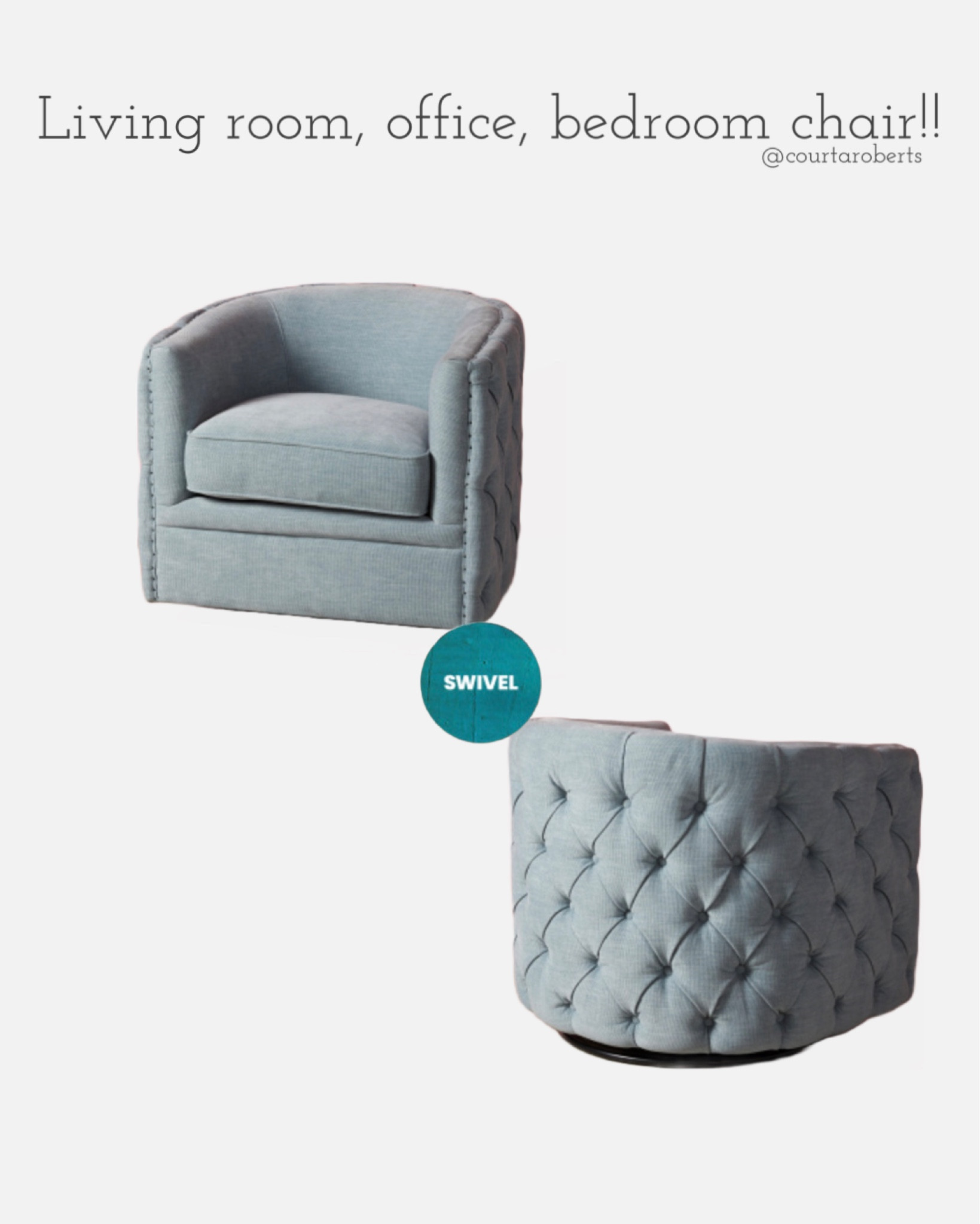 My exact living room swivel chair! Comes in two great colors! Perfect for a costal chic style! 

blue cream ivory tufted decor furniture design beach home office bedroom 

#LTKhome