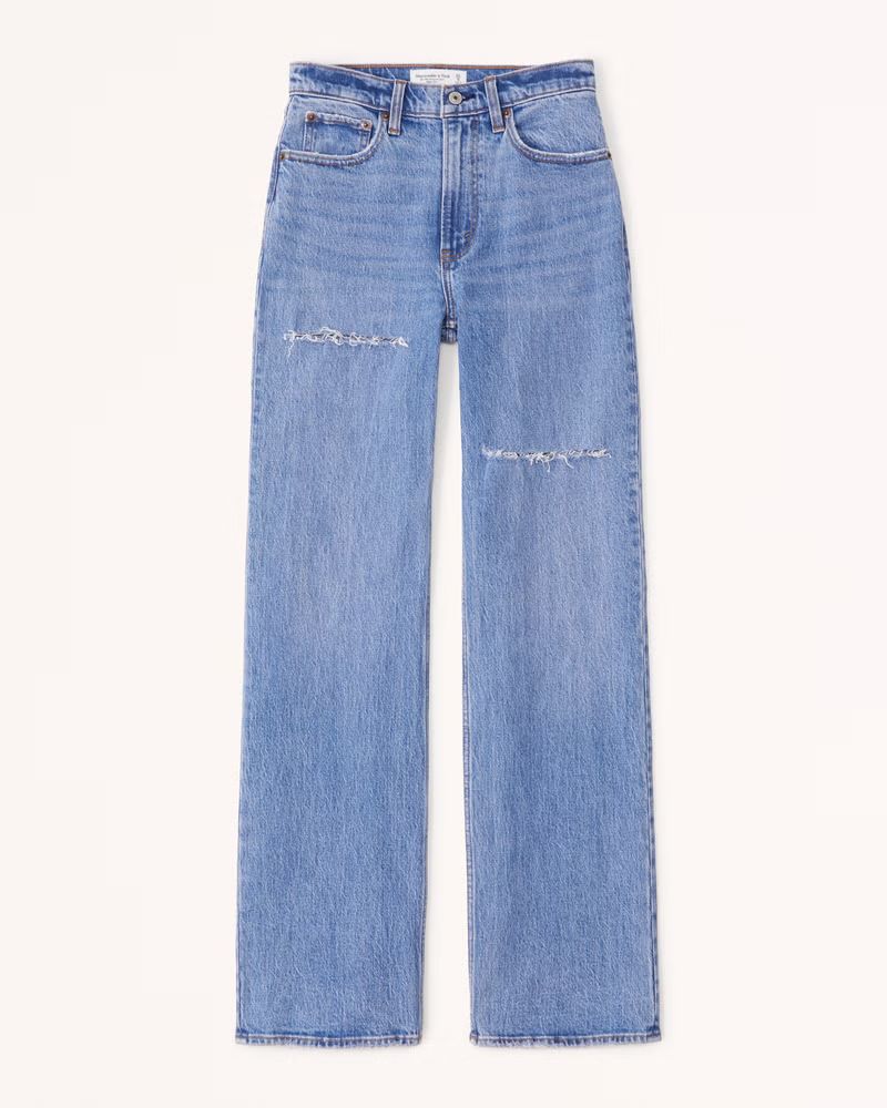 Abercrombie & Fitch Women's High Rise 90s Relaxed Jean in Medium Destroy - Size 32 X-LONG | Abercrombie & Fitch (US)