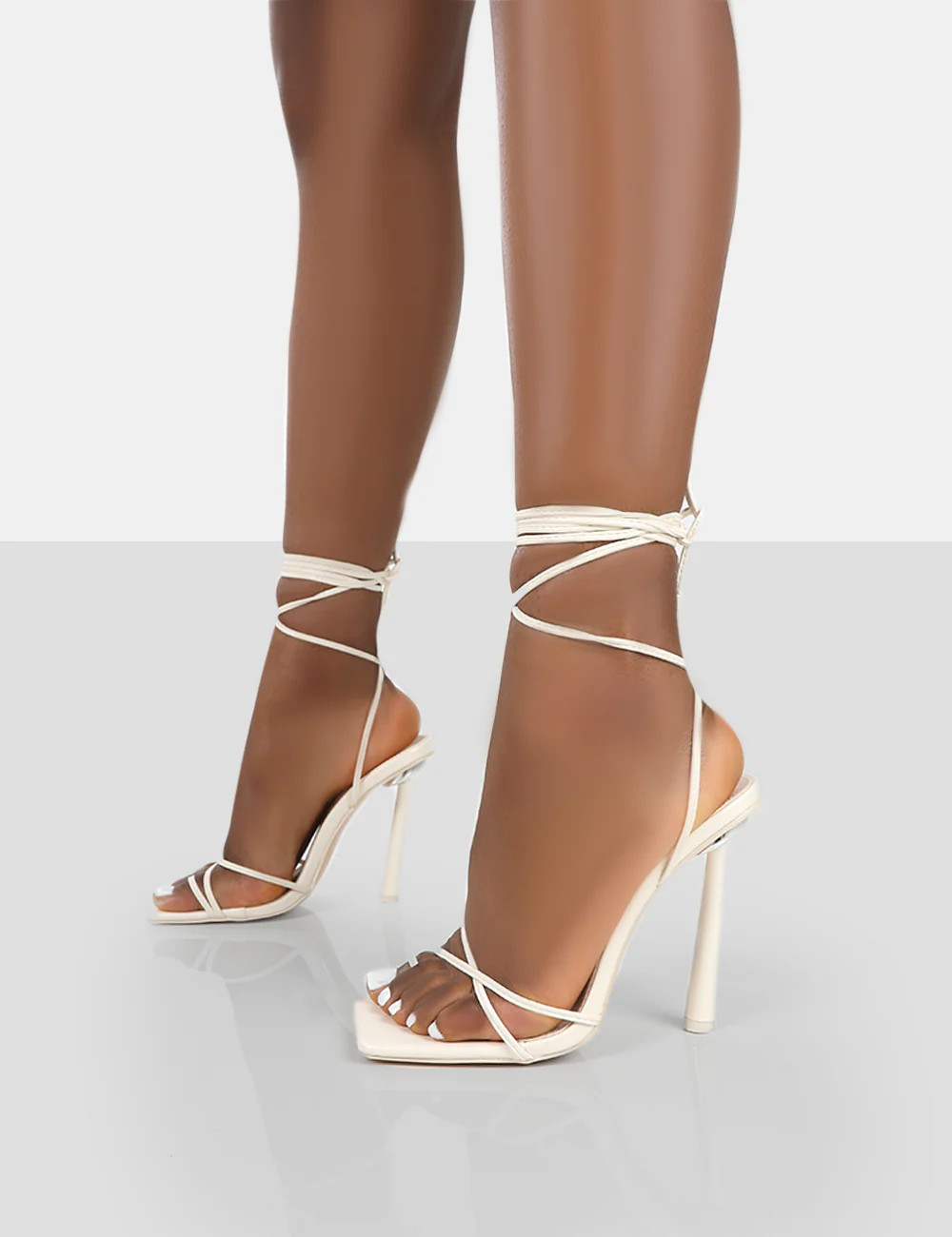 Ci Ci Ecru Pu Square Toe Lace Up Stiletto Heels | Public Desire