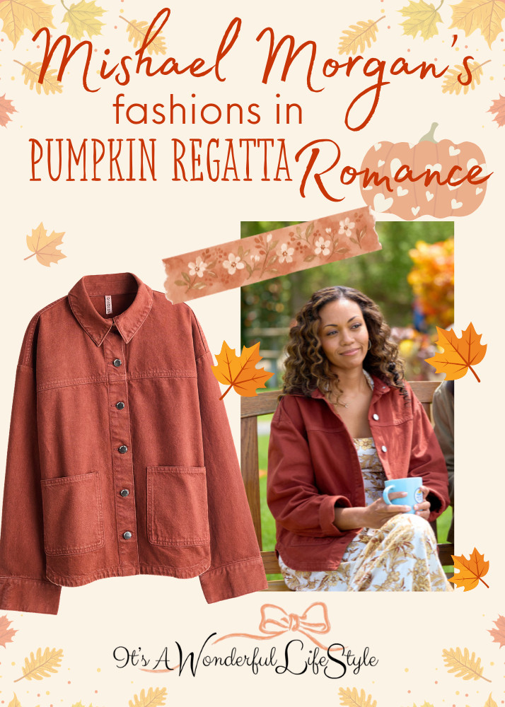 I love Mishael Morgan’s warm, rust-colored jacket in Pumpkin Regatta Romance. It’s the kind of piece that makes even a simple outfit feel ready for pumpkin season. 

 