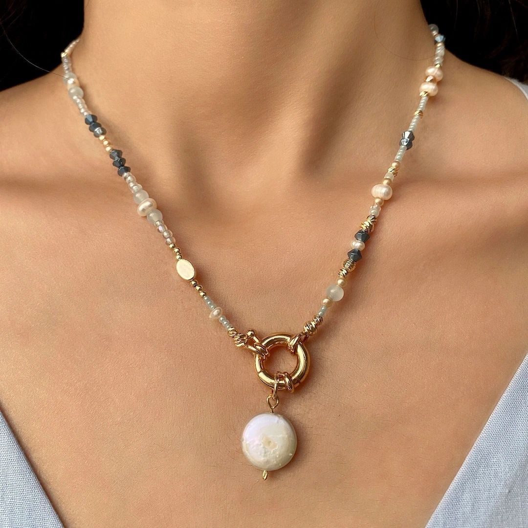 Mother of Pearl Shell Necklace, Moonstone Beaded Choker Pendant, Blue Beaded Choker, Freshwater D... | Etsy (US)