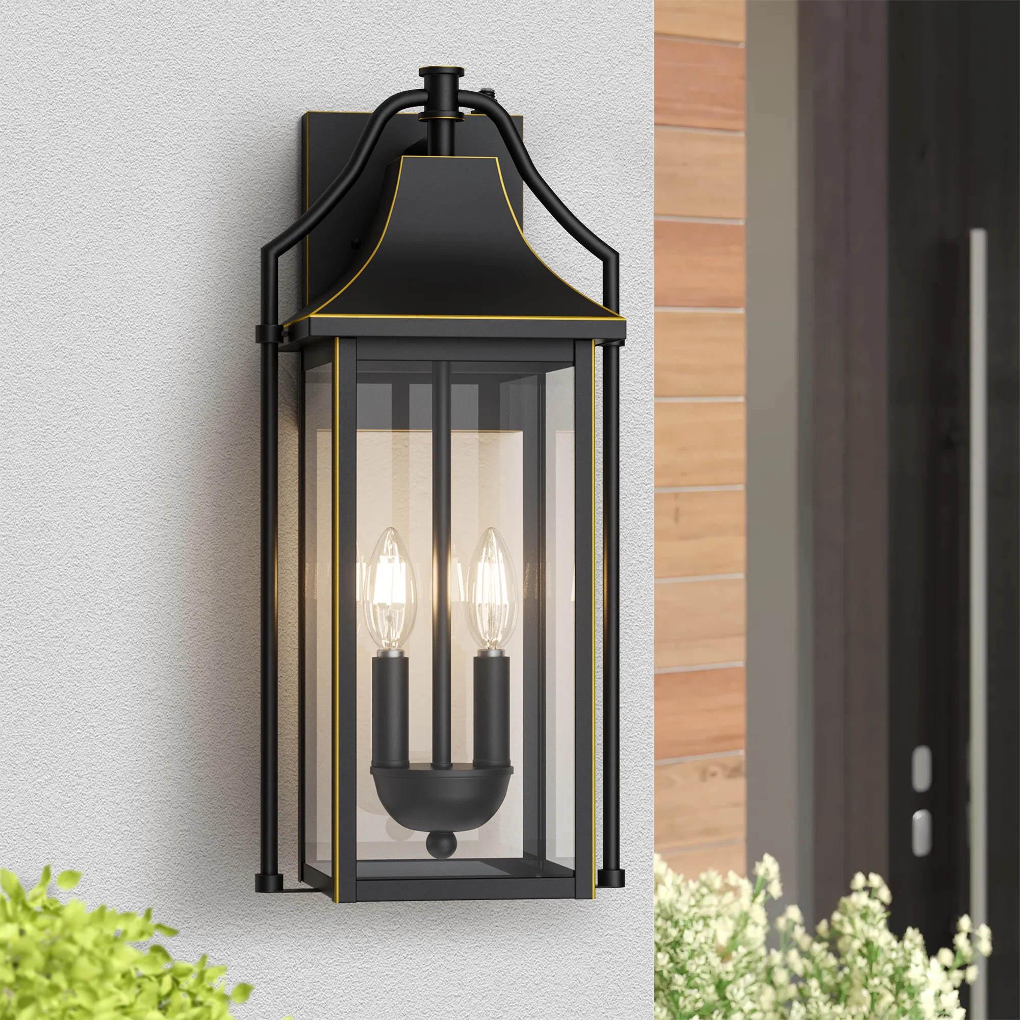 Alvester 2 - Light 18''H Black And Golden Lines Iron Tempered Glass Etl Outdoor Wall Lantern With... | Wayfair North America