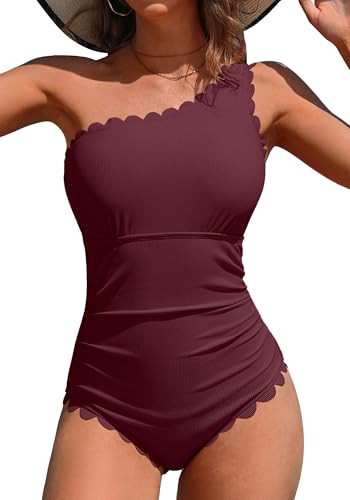 Charmo Bathing Suit for Women Tummy Control One Shoulder One Piece Swimsuit Women Scalloped Swim Suits Women Burgundy L | Amazon (US)