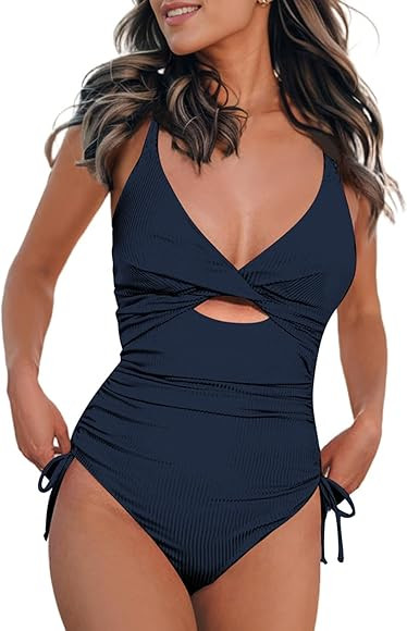 Aleumdr Women's Ribbed One Piece Swimsuit Tummy Control High Cut Bathing Suit Sexy V Neck Criss C... | Amazon (US)