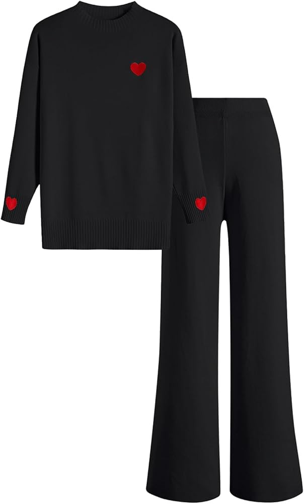 CHICWISH Women 2 Piece Lounge Set Casual Heart Embroidery Round Neck Knit Sweater Straight Pants ... | Amazon (US)