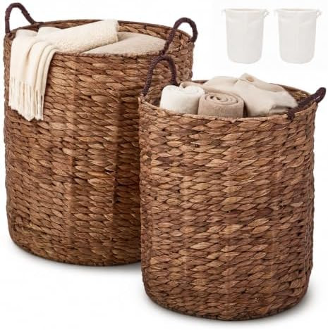 Round Water Hyacinth Storage Baskets with Removable Liners | Amazon (US)