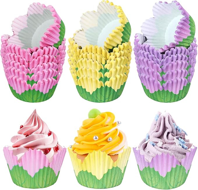 300Pcs Flower Cupcake Liners Spring Summer Flower Baking Cups Pink Purple Yellow Petal Cupcake Wr... | Amazon (US)