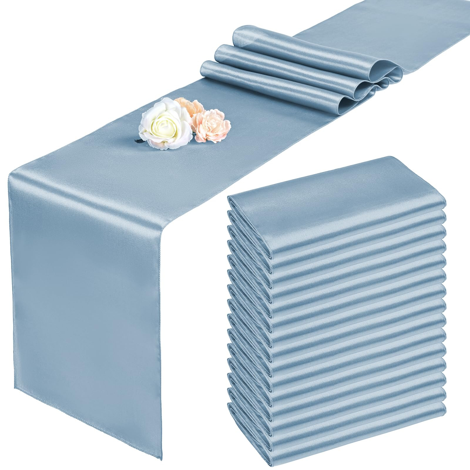 15 Pack Dusty Blue Satin Table Runners 12 x 108 Inch Long Table Runners for Rectangle Round Table... | Amazon (US)
