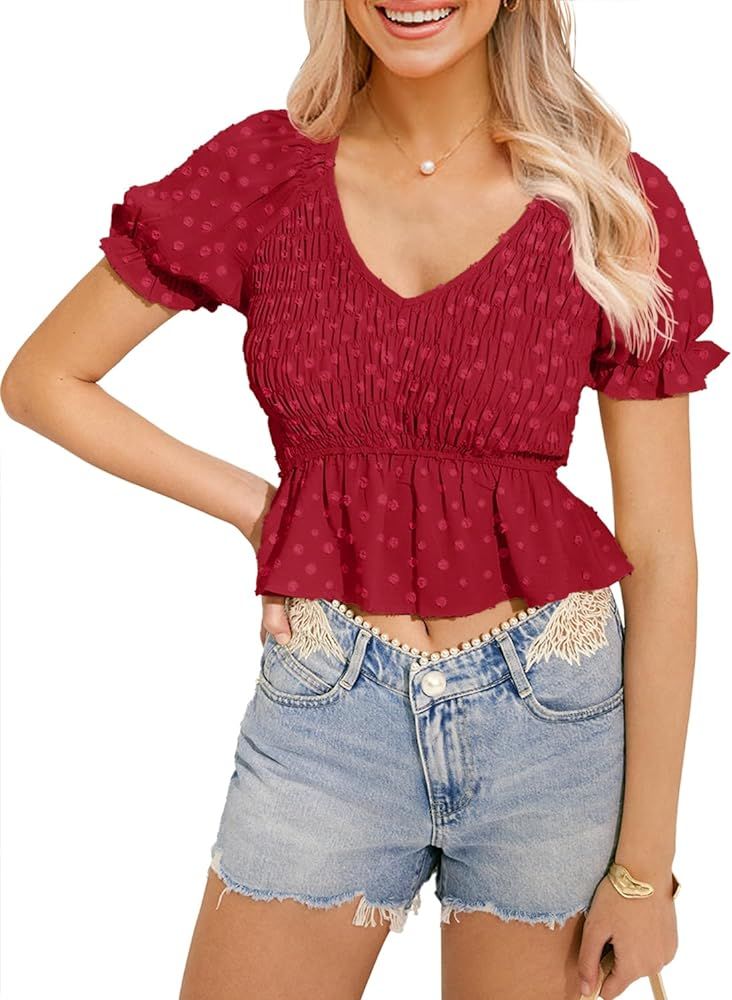 MIHOLL Peplum Tops for Women Summer Cute Crop Babydoll Puff Sleeve Shirts Dressy Casual Short Sle... | Amazon (US)
