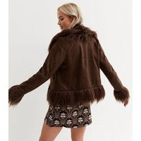 Dark Brown Suedette Faux Fur Trim Coat New Look | New Look (UK)