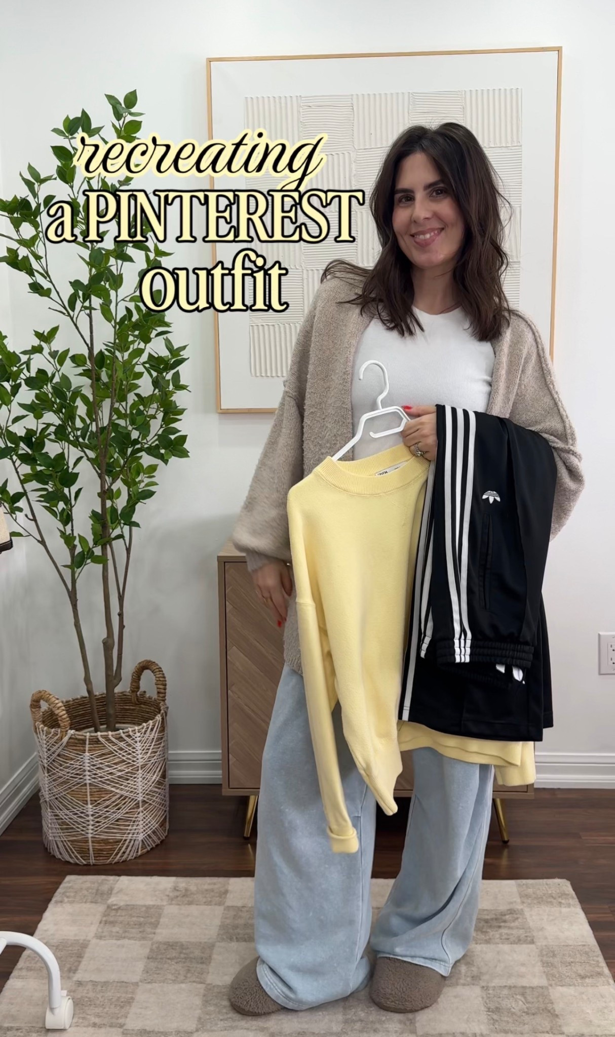 Recreating a Pinterest outfit that suits my vibe #pinterestlook #ootd #outfits 

Adidas pants - medium 
White Tee - large 
Sweater - medium 