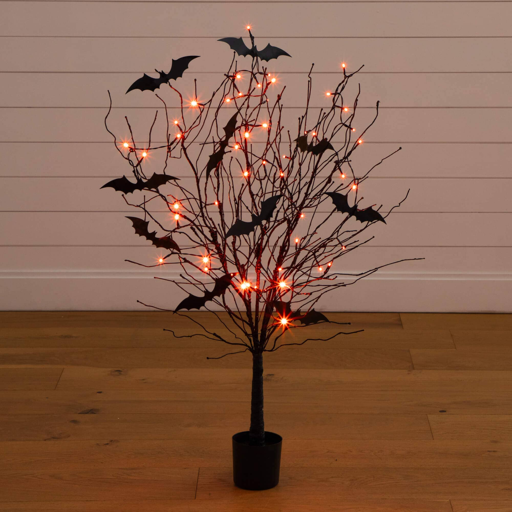 4' Pre-Lit Artificial Halloween Black Twig Tree with Bats and 50 Orang | Nearly Natural